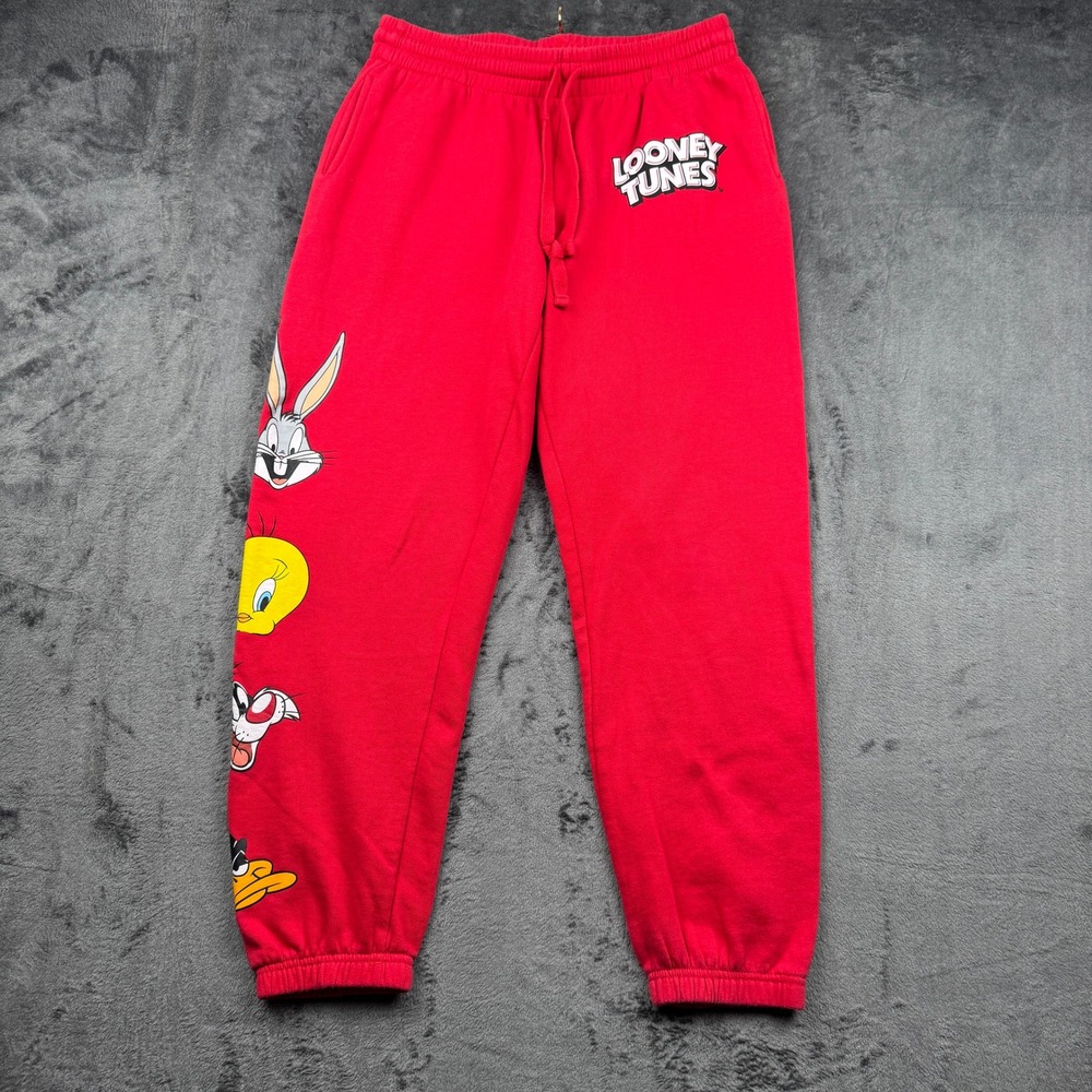 Looney Tunes Sweatpants Mens Large Red Graphic Character Joggers Good